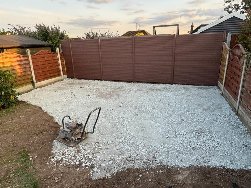 Gravel sub-base prepared for driveway or patio build – residential landscaping Essex