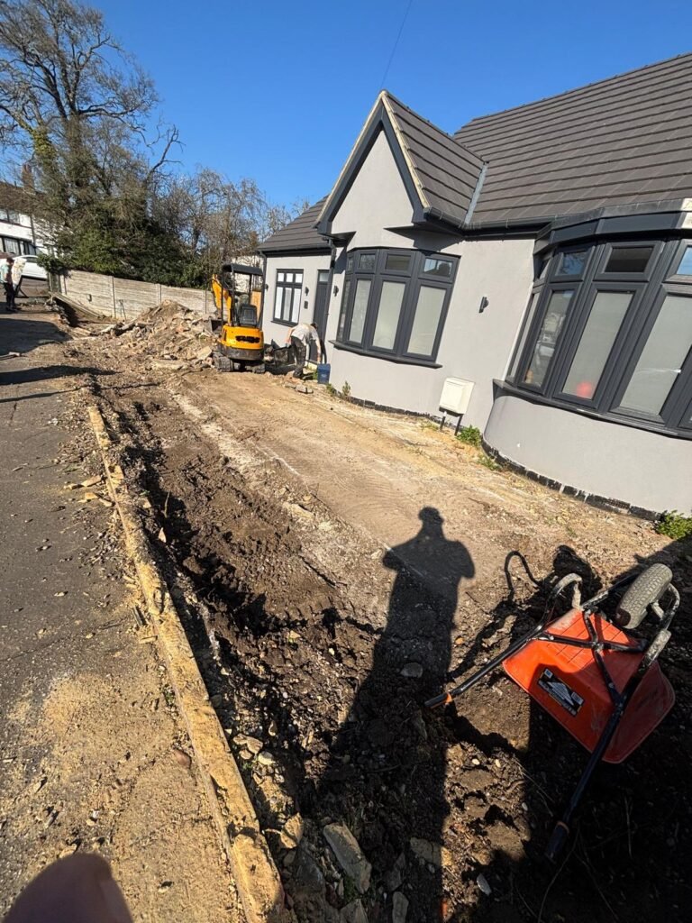 Driveway excavation and groundwork in progress – block paving preparation Essex