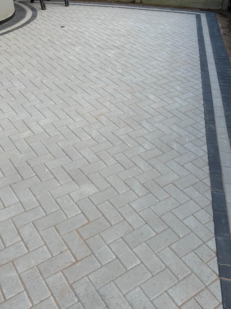 Close-up of block paving pattern on new driveway – Essex hardscaping services