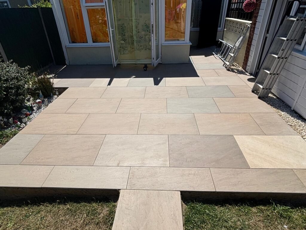 Large porcelain patio paving in multi-toned natural colours – garden landscaping Essex