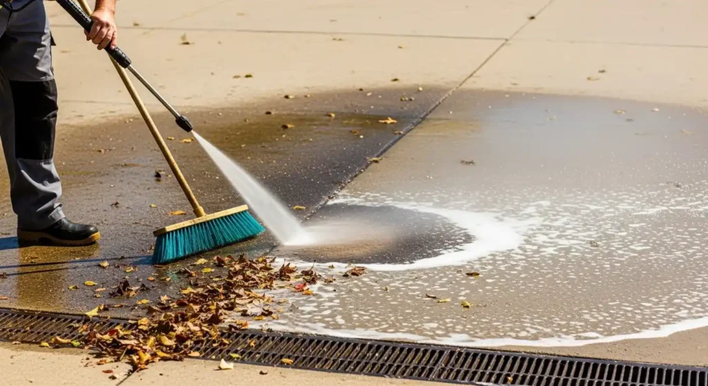 Person cleaning a driveway with a pressure washer and broom, removing dirt, leaves, and oil stains before sealing.