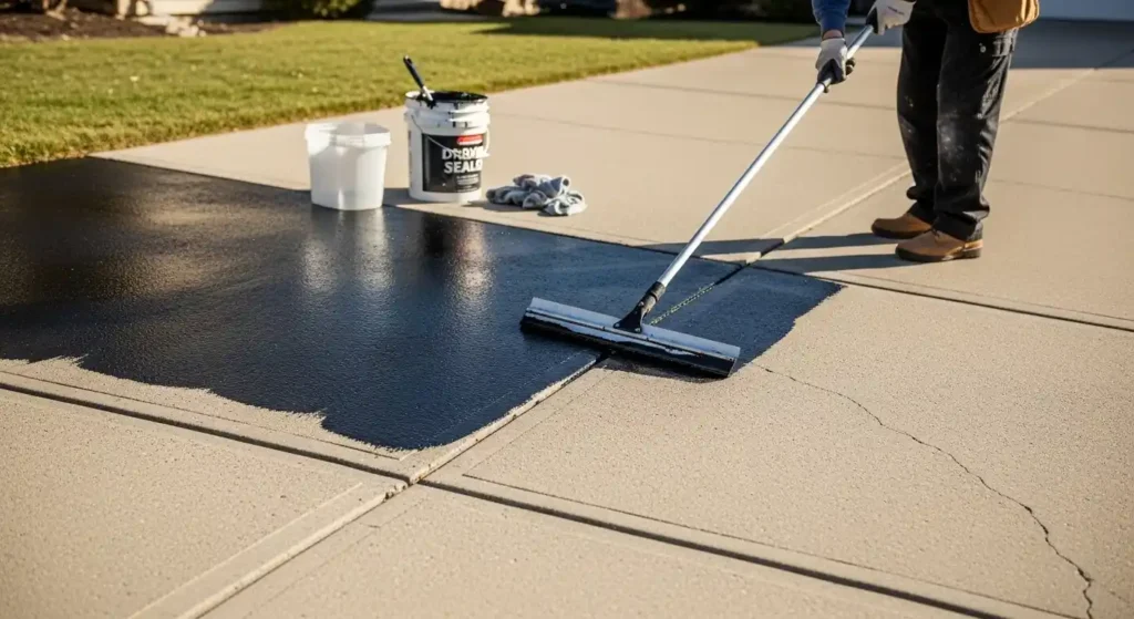 Applying the first coat of driveway sealer with a roller, spreading a smooth, even layer across the driveway.