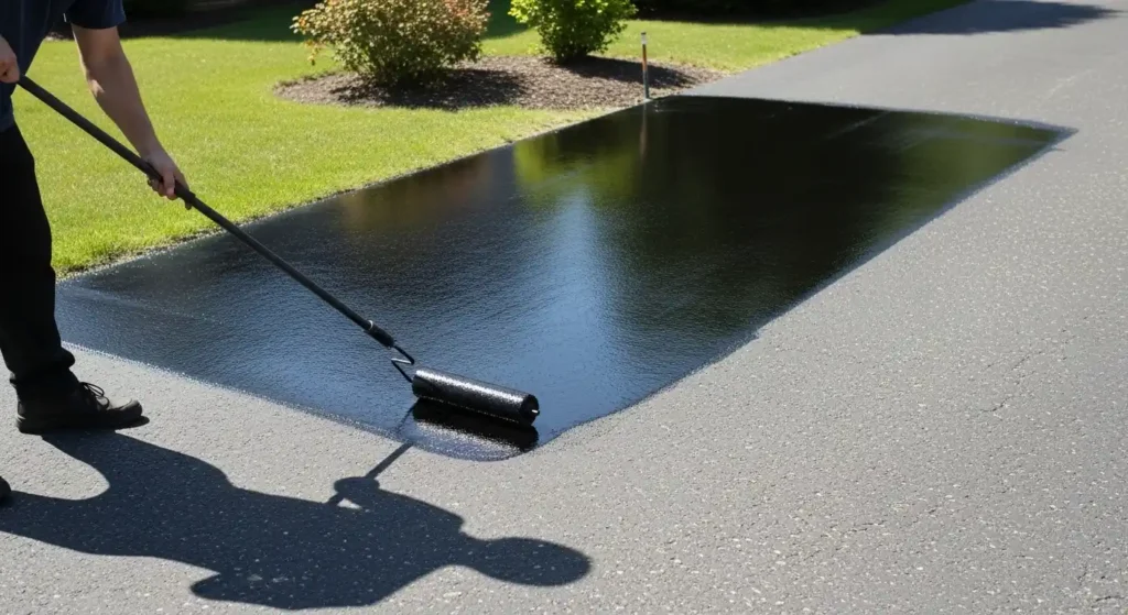 Applying the second thin coat of driveway sealer for added protection and shine on a residential driveway.
