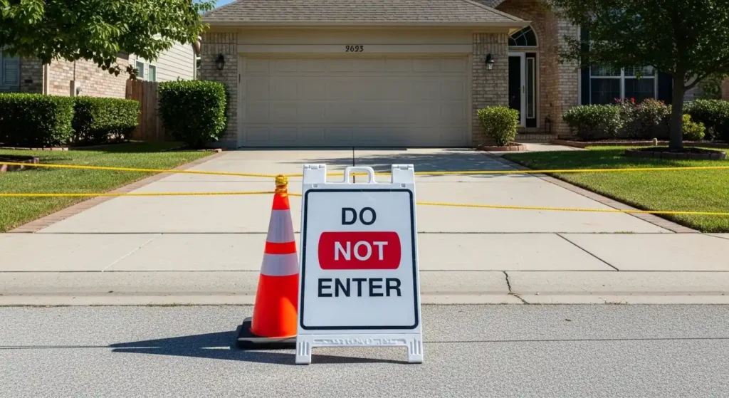 Residential driveway blocked off with cones and ropes to prevent access while sealing dries.