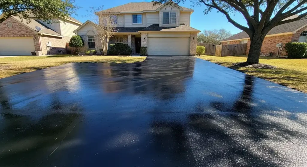 Empty driveway drying under sunlight after sealing, showing a smooth and protected surface.