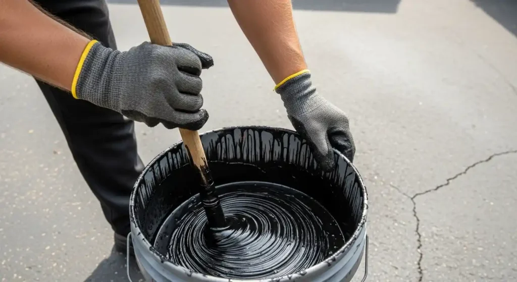 Person stirring asphalt or concrete driveway sealer in a bucket with a stick to ensure even consistency.