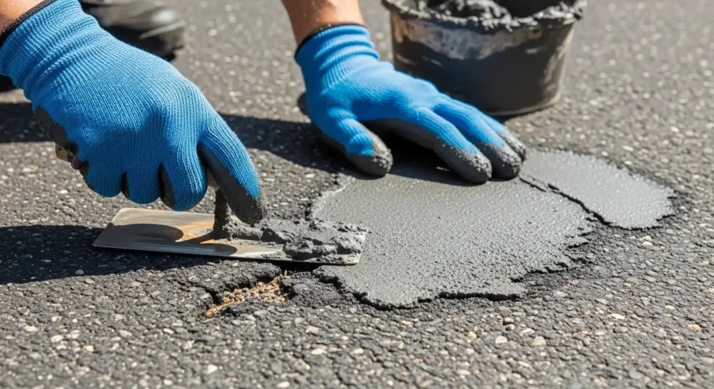 Close-up of a person filling cracks and holes in a driveway with patching mix and trowel for a smooth surface.