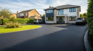 Freshly laid black tarmac driveway in front of a UK house